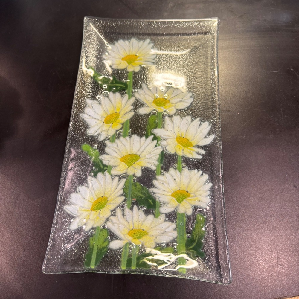 Daisy Floral Fused Glass Serving Tray 13x7 Clear White Green Yellow Cottagecore